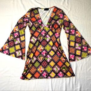 ASOS slinky flare sleeve mini dress with Retro print